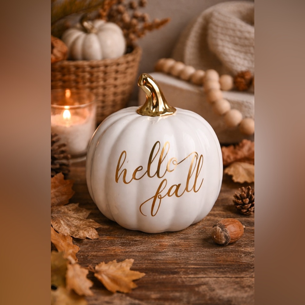 6” Ceramic Pumpkin “Hello Fall” White Gold Autumn Decor